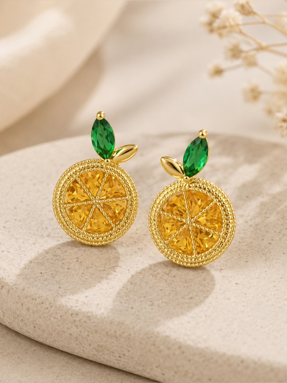 Gold Tone Citrus Slice Stud Earrings Lemon Orange Fruit Rhinestone Earrings